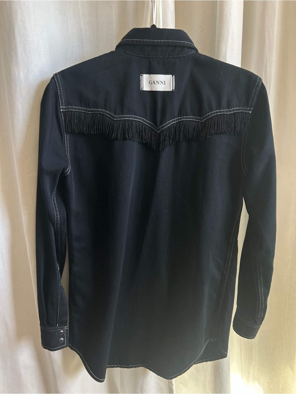 GANNI Fringe Western Shirt Black Contrast Stitch Denim Size EU 34 - Picture 6 of 12